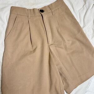 Tan Pleated Bermuda Shorts